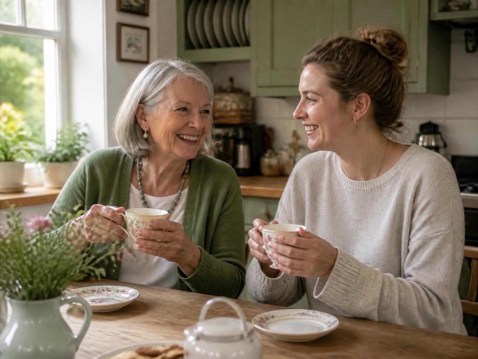 An older woman and her companion sharing a cup of tea and a laugh at a kitchen table
